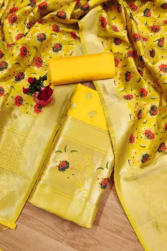 yellow zari woven banarasi dress materials