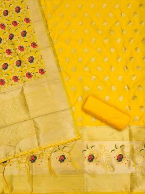yellow zari woven banarasi dress materials 3