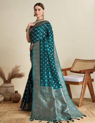 soft litchi art silk banarasi art silk jacquard saree (str-rajgharana-06-firozi) 2