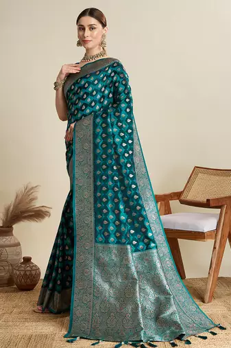 soft litchi art silk banarasi art silk jacquard saree (str-rajgharana-06-firozi)