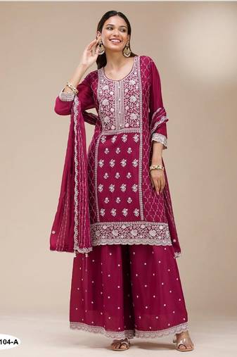 Maroon faux georgette semi stitched suit with embroidery sequence work