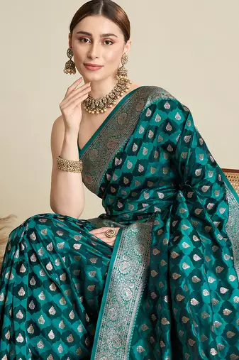 soft litchi art silk banarasi art silk jacquard saree (str-rajgharana-06-firozi)
