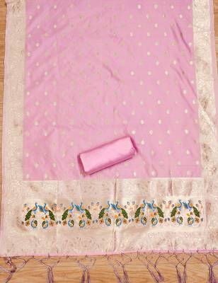 light baby pink zari woven banarasi dress materials 4