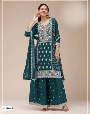 Teal blue faux georgette suit with embroidery sequin  1