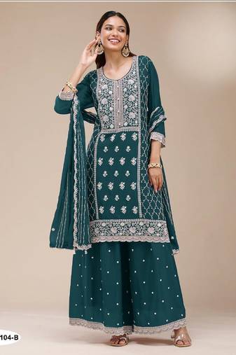 Teal blue faux georgette semi stitched suit with embroidery sequence work