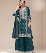 Teal blue faux georgette semi stitched suit with embroidery sequence work
