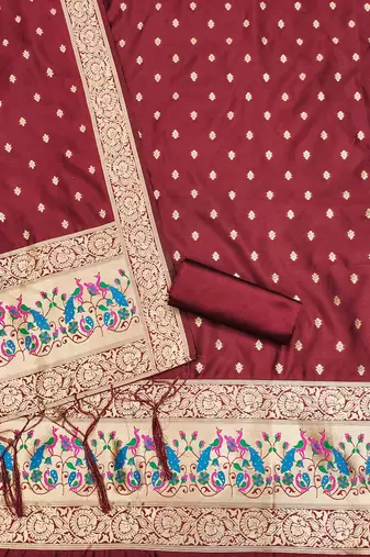 maroon zari woven banarasi dress materials