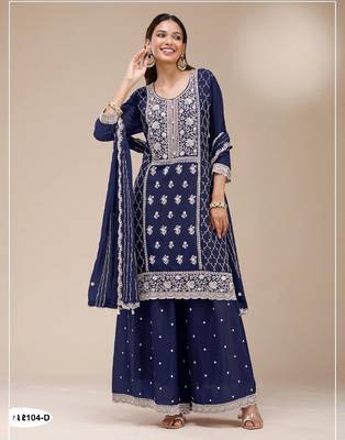 Navy blue faux georgette suit with embroidery sequin  1