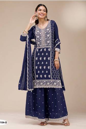 Navy blue faux georgette semi stitched suit with embroidery sequence work