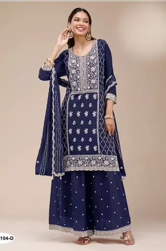 Navy blue faux georgette semi stitched suit with embroidery sequence work