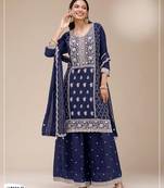 Navy blue faux georgette semi stitched suit with embroidery sequence work