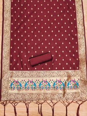 maroon zari woven banarasi dress materials 4