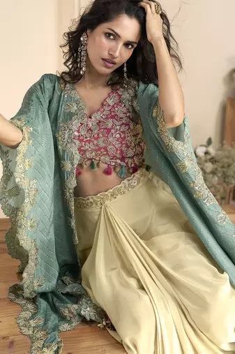 Maroon embroidered sequins chinon shrug suit - Full stitched free size