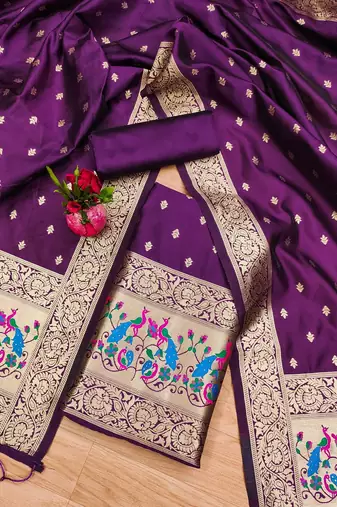 purple zari woven banarasi dress materials