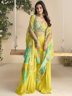 Mustard embroidered sequins chinon shrug suit - Full stitched free size 1