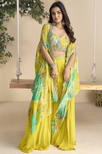 Mustard embroidered sequins chinon shrug suit - Full stitched free size