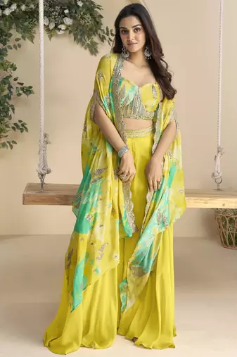 Mustard embroidered sequins chinon shrug suit - Full stitched free size