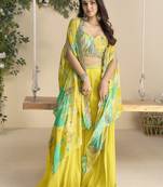 Mustard embroidered sequins chinon shrug suit - Full stitched free size