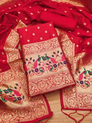 red zari woven banarasi dress materials 1
