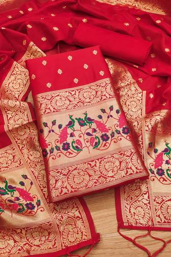 red zari woven banarasi dress materials