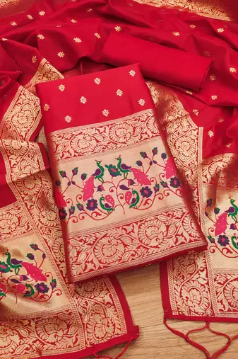red zari woven banarasi dress materials
