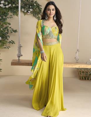 Mustard embroidered sequins chinon shrug suit - Full stitched free size 3