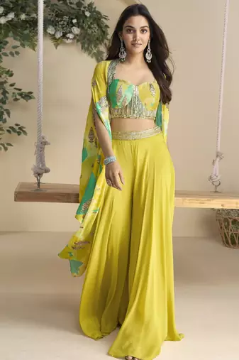 Mustard embroidered sequins chinon shrug suit - Full stitched free size