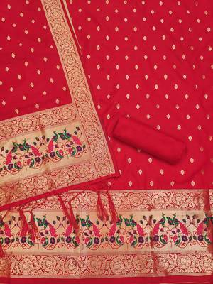 red zari woven banarasi dress materials 3
