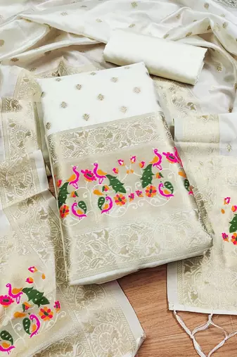 white zari woven banarasi dress materials