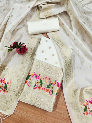 white zari woven banarasi dress materials 2