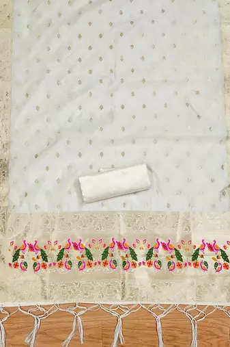 white zari woven banarasi dress materials