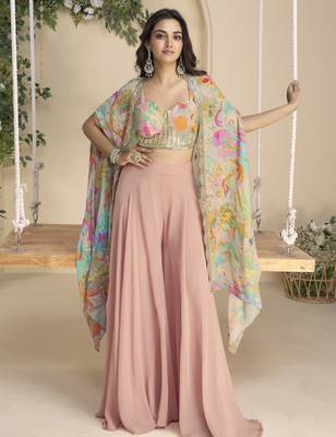 Pink embroidered sequins chinon shrug suit - Full stitched free size 1