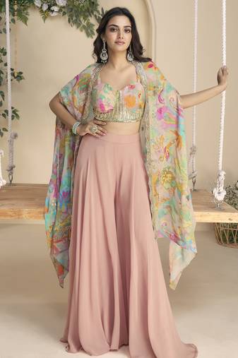 Pink embroidered sequins chinon shrug suit - Full stitched free size