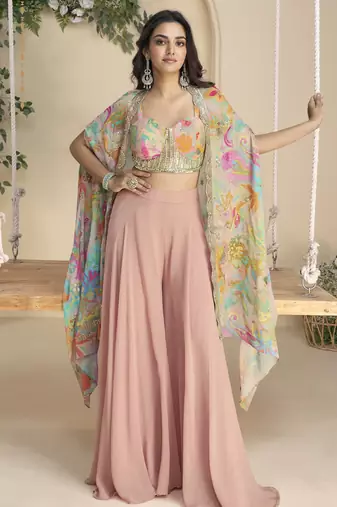 Pink embroidered sequins chinon shrug suit - Full stitched free size