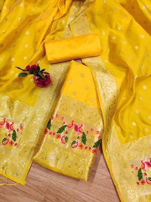 yellow zari woven banarasi dress materials 2