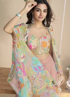 Pink embroidered sequins chinon shrug suit - Full stitched free size 2