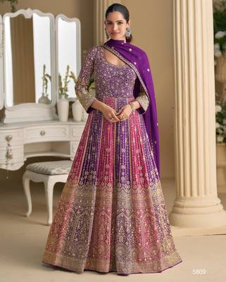 Purple georgette embroidered sequins Anarkali  suit - Full stitched free size 1