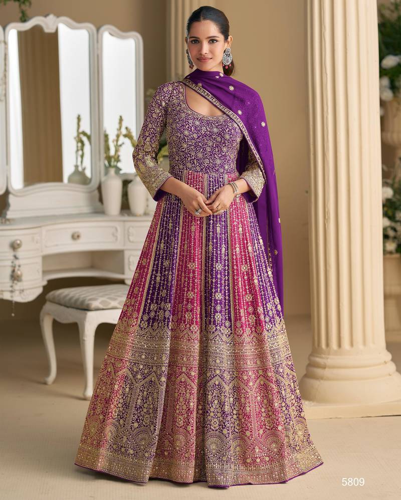 Purple georgette embroidered sequins Anarkali  suit - Full stitched free size