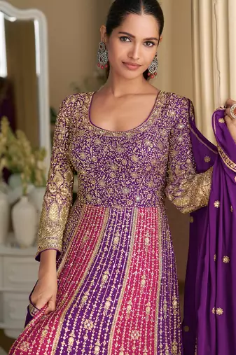 Purple georgette embroidered sequins Anarkali  suit - Full stitched free size