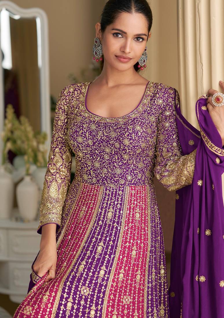 Purple georgette embroidered sequins Anarkali  suit - Full stitched free size