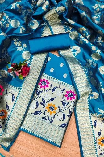 blue zari woven banarasi dress materials