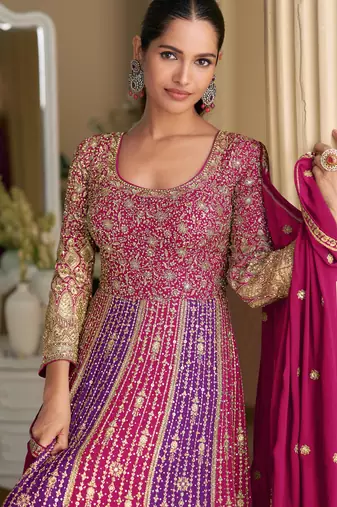 Rani pink georgette readymade anarkali suit with embroidery zarkan (free size)