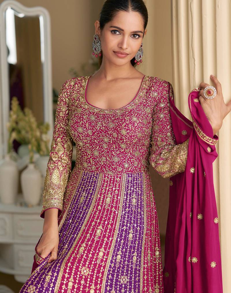 Rani pink georgette readymade anarkali suit with embroidery zarkan work (free size)