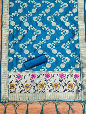 blue zari woven banarasi dress materials 4