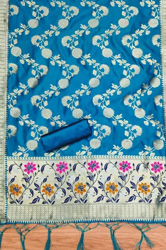 blue zari woven banarasi dress materials