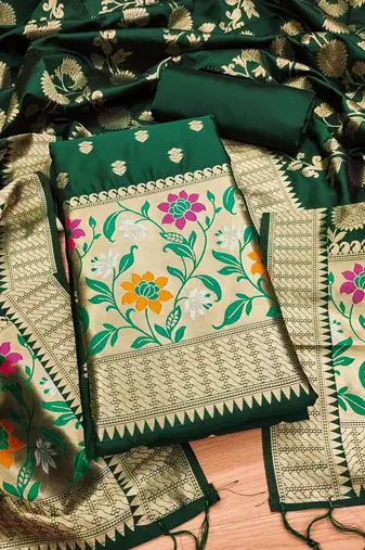 green zari woven banarasi dress materials