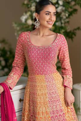 Peach georgette embroidered sequins Anarkali suit - Full stitched free size 2