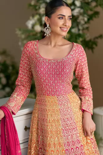 Peach georgette embroidered sequins Anarkali suit - Full stitched free size