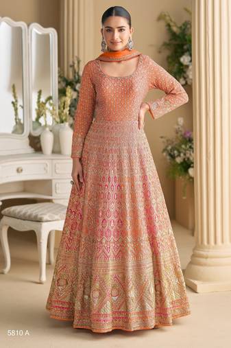 Orange georgette embroidered sequins Anarkali  suit - Full stitched free size