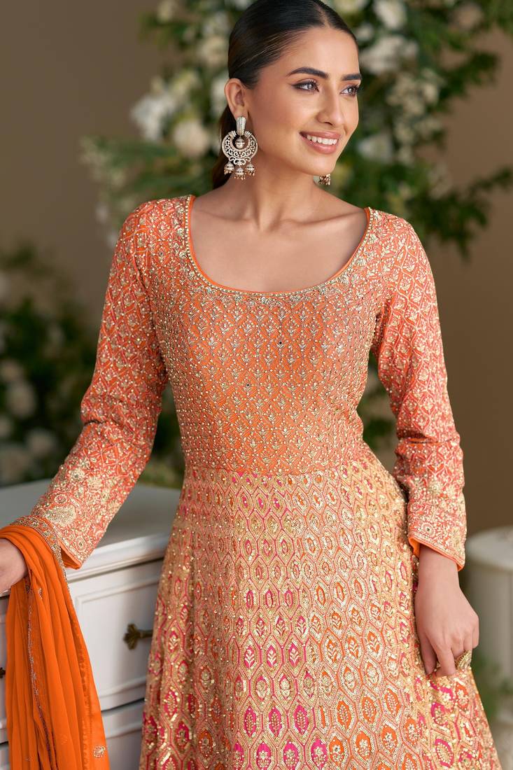 Orange georgette embroidered sequins Anarkali  suit - Full stitched free size